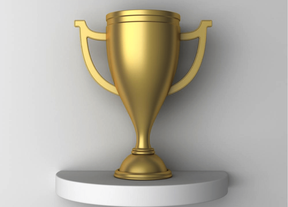 Golden rewards trophy on semicircle display shelf representing buy bounty rewards.