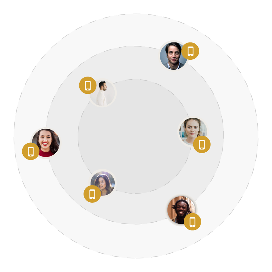 Portraits of people within a large circle.