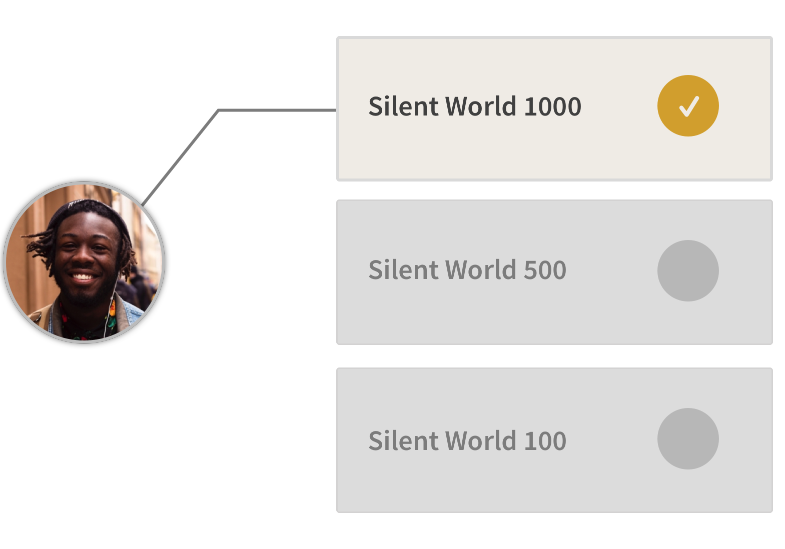 " A list of Silent World calling plans. A line connects one of the plans to a portrait.