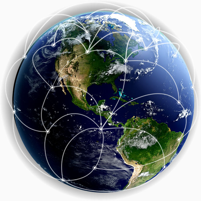 Globe with lines connecting specific locations.